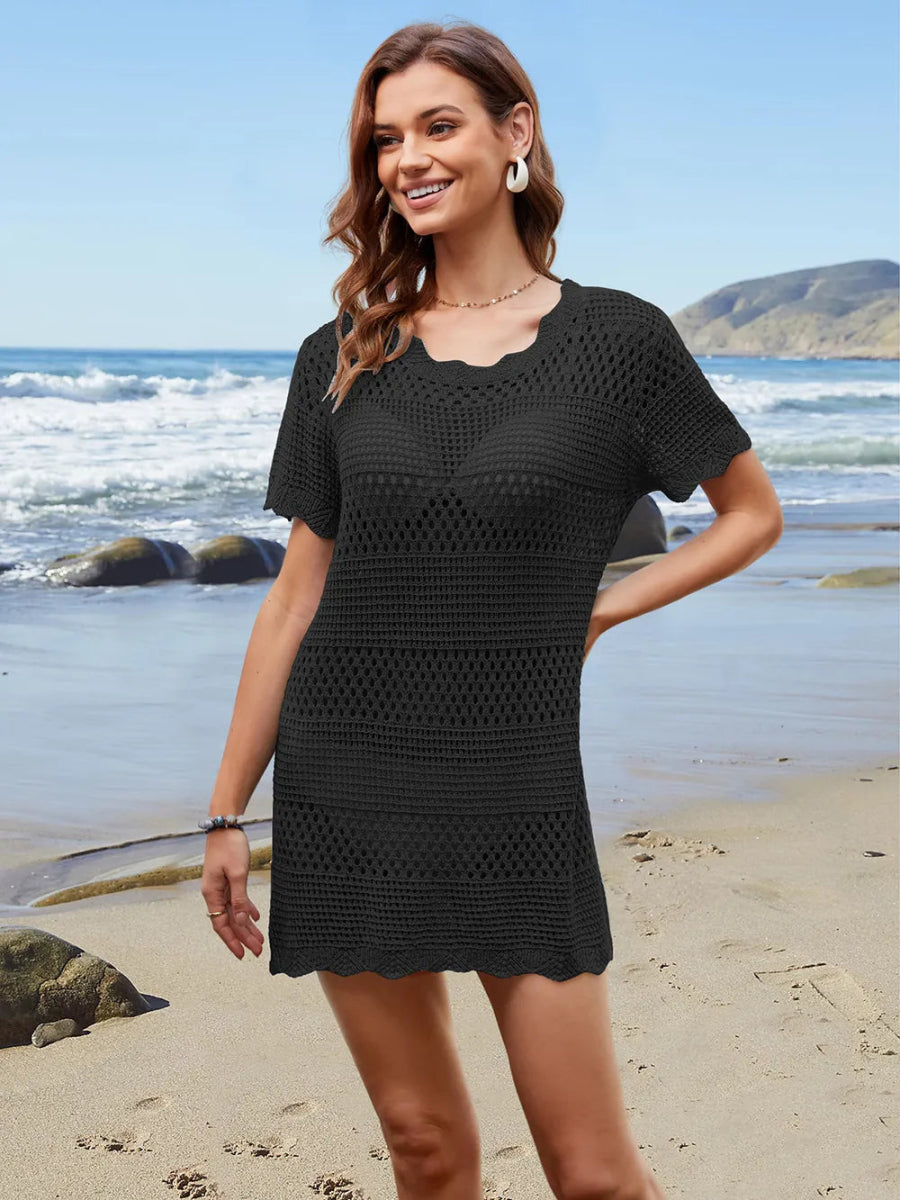 Openwork Round Neck Short Sleeve Cover - UP - Necessary Clothing