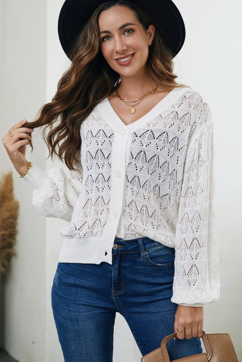 Openwork Buttoned Front V-Neck Cardigan - Necessary Clothing
