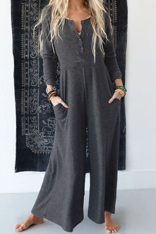 Pocketed Long Sleeve Wide Leg Jumpsuit - Necessary Clothing