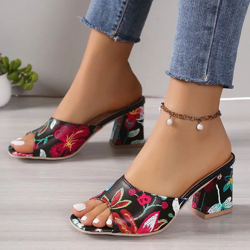 Printed Block Mid Heels Sandals - Necessary Clothing