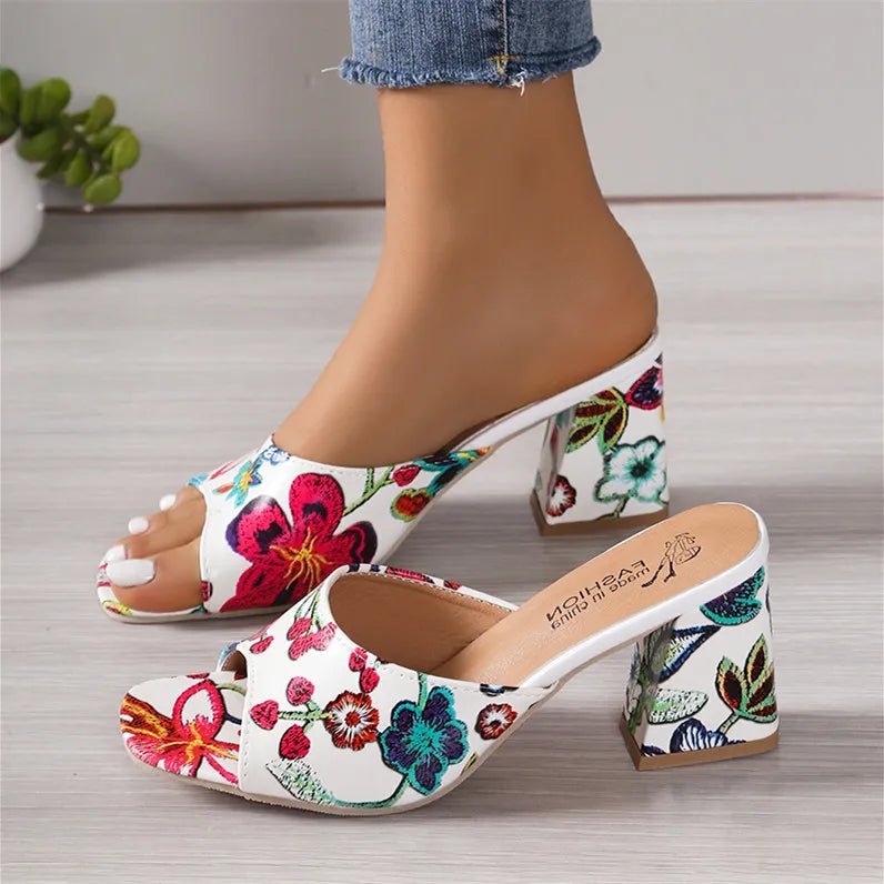 Printed Block Mid Heels Sandals - Necessary Clothing