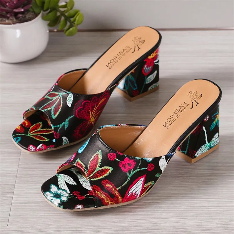 Printed Block Mid Heels Sandals - Necessary Clothing