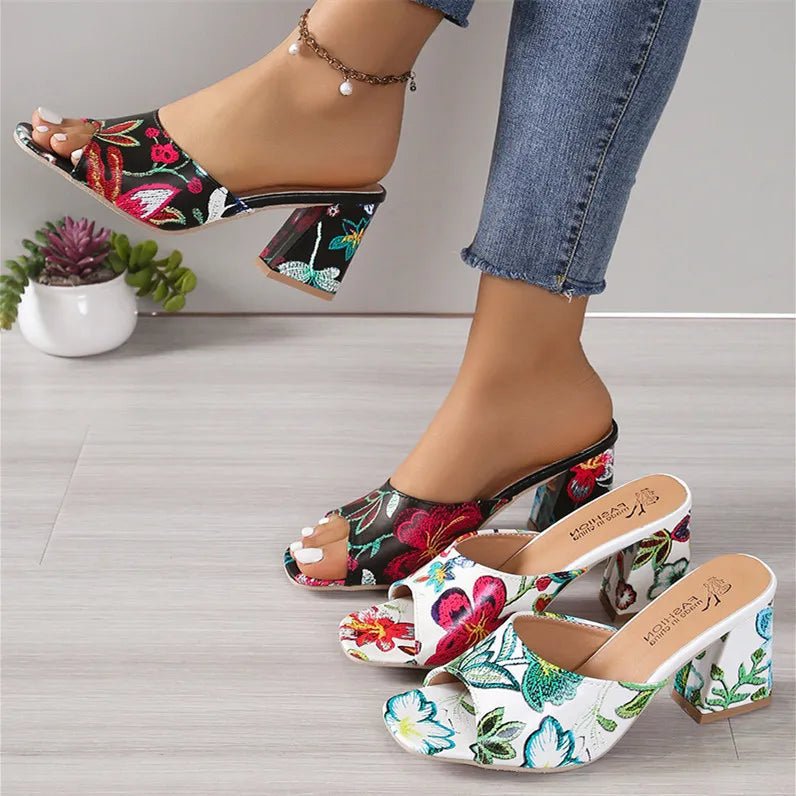 Printed Block Mid Heels Sandals - Necessary Clothing