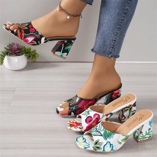 Printed Block Mid Heels Sandals - Necessary Clothing