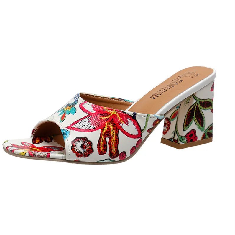 Printed Block Mid Heels Sandals - Necessary Clothing