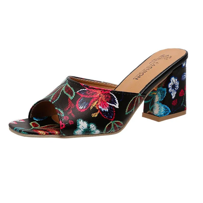 Printed Block Mid Heels Sandals - Necessary Clothing