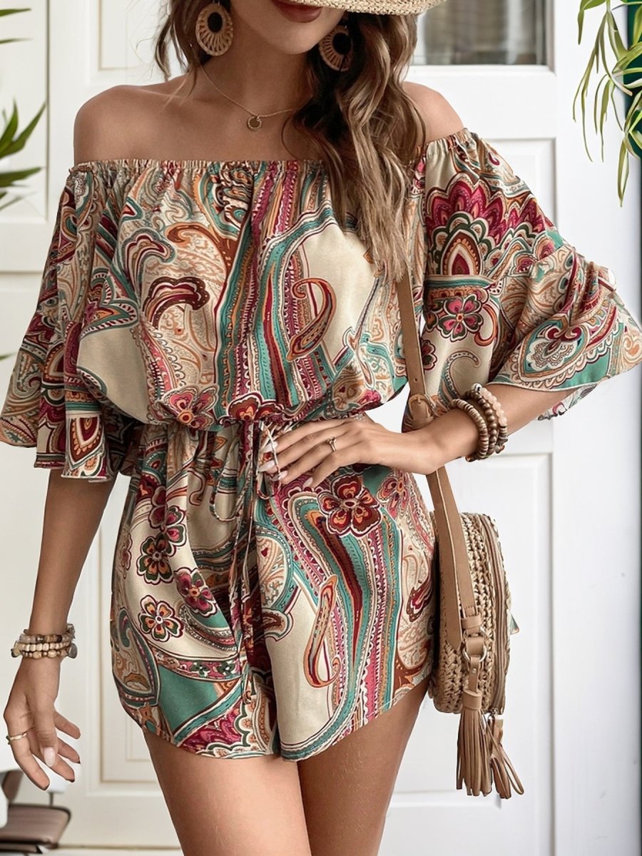 Printed Off Shoulder Half Sleeve Romper - Necessary Clothing