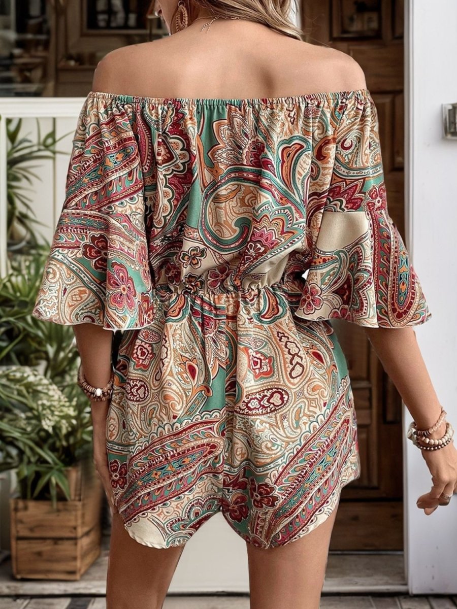 Printed Off Shoulder Half Sleeve Romper - Necessary Clothing