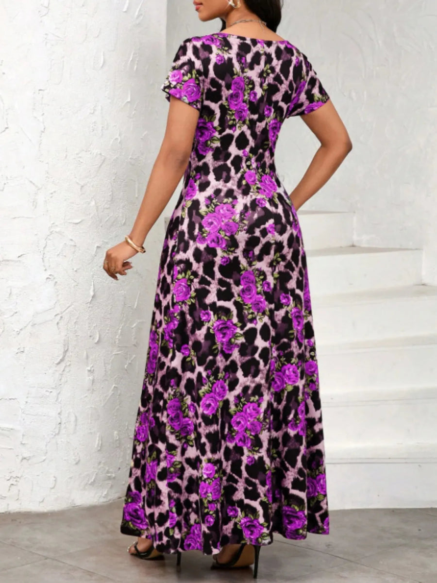 Printed Round Neck Short Sleeve Maxi Tee Dress - Necessary Clothing