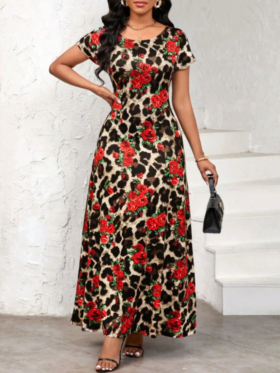 Printed Round Neck Short Sleeve Maxi Tee Dress - Necessary Clothing