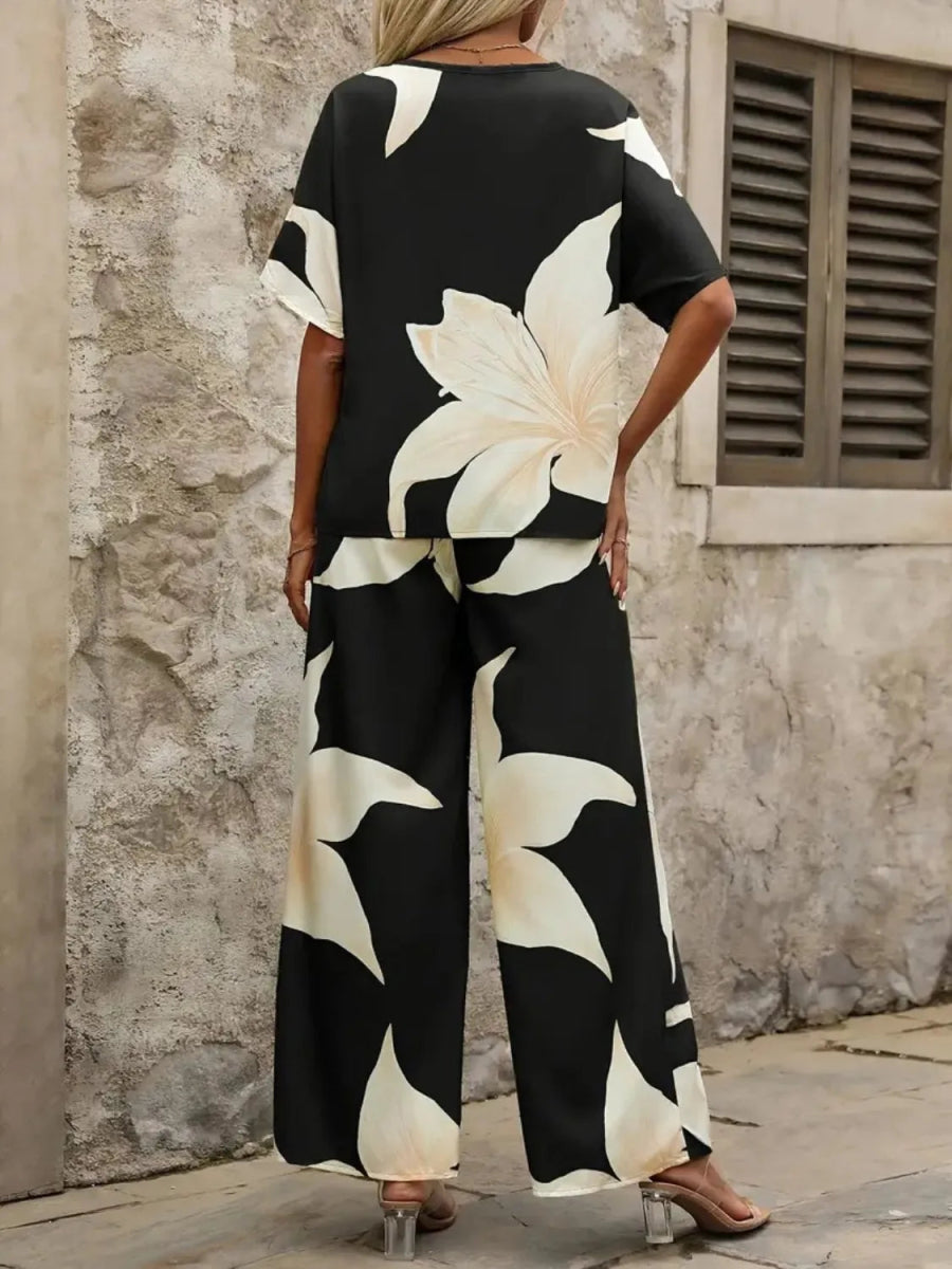 Printed V - Neck Top and Wide Leg Pants Set - Necessary Clothing