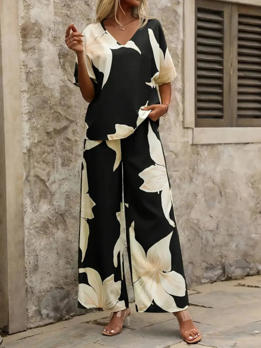 Printed V - Neck Top and Wide Leg Pants Set - Necessary Clothing
