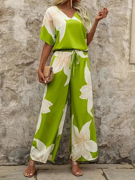 Printed V - Neck Top and Wide Leg Pants Set - Necessary Clothing