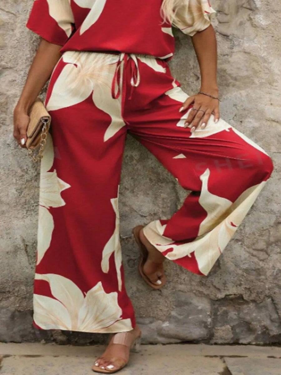 Printed V - Neck Top and Wide Leg Pants Set - Necessary Clothing