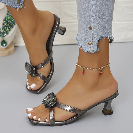 Rhinestone Open Toe Low Heels Sandals - Necessary Clothing