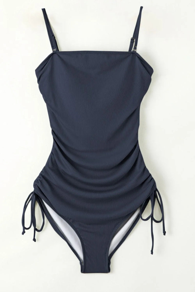 Ribbed Drawstring Sides Cutout One Piece Swimsuit - Necessary Clothing
