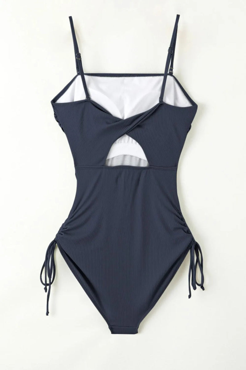 Ribbed Drawstring Sides Cutout One Piece Swimsuit - Necessary Clothing