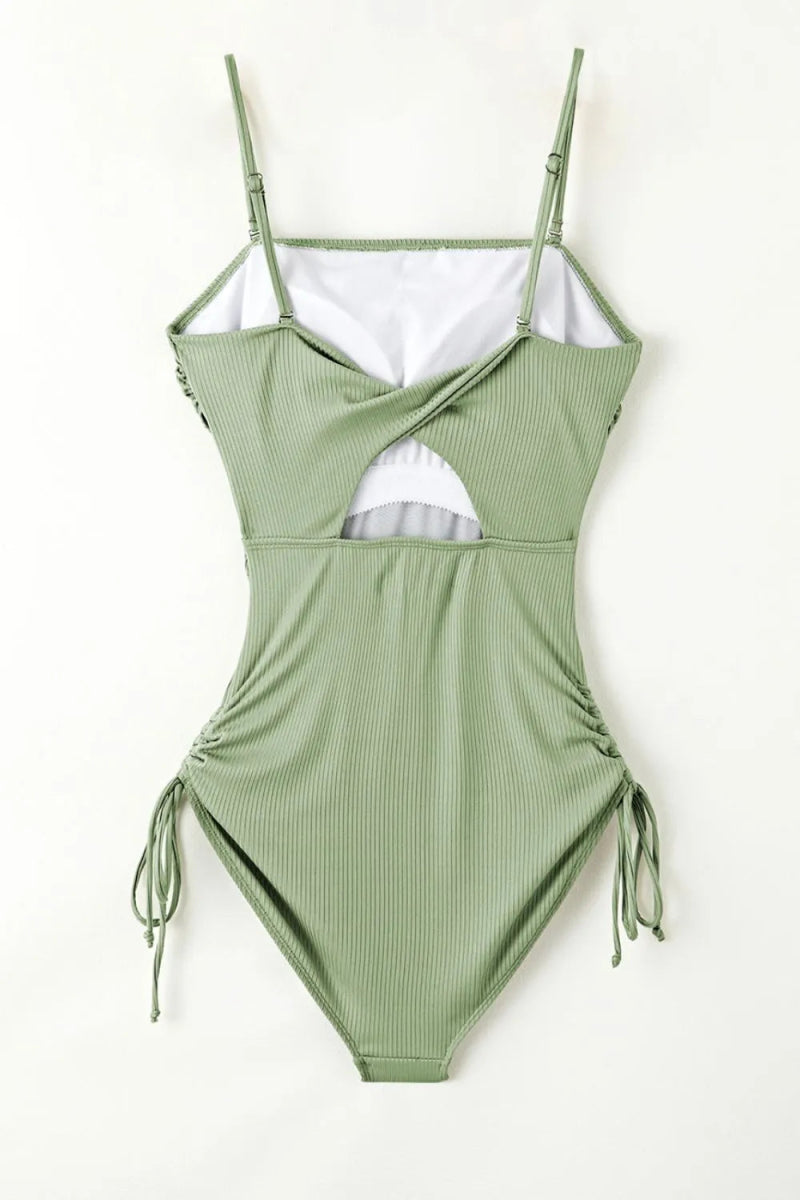 Ribbed Drawstring Sides Cutout One Piece Swimsuit - Necessary Clothing