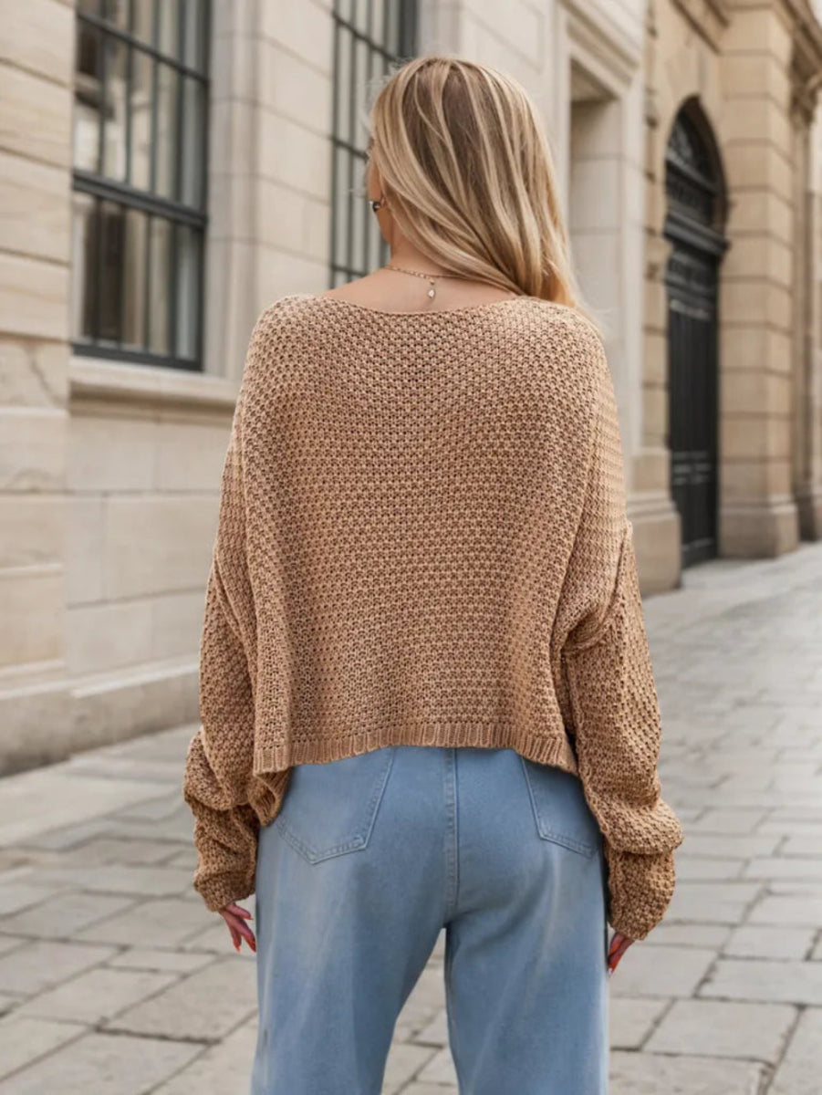 Round Neck Dropped Shoulder Long Sleeve Sweater - Necessary Clothing