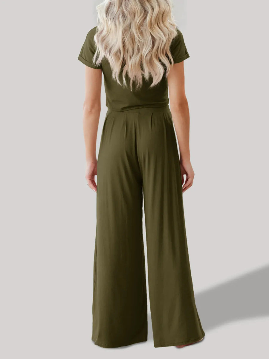 Round Neck Short Sleeve Top and Pants Set - Necessary Clothing