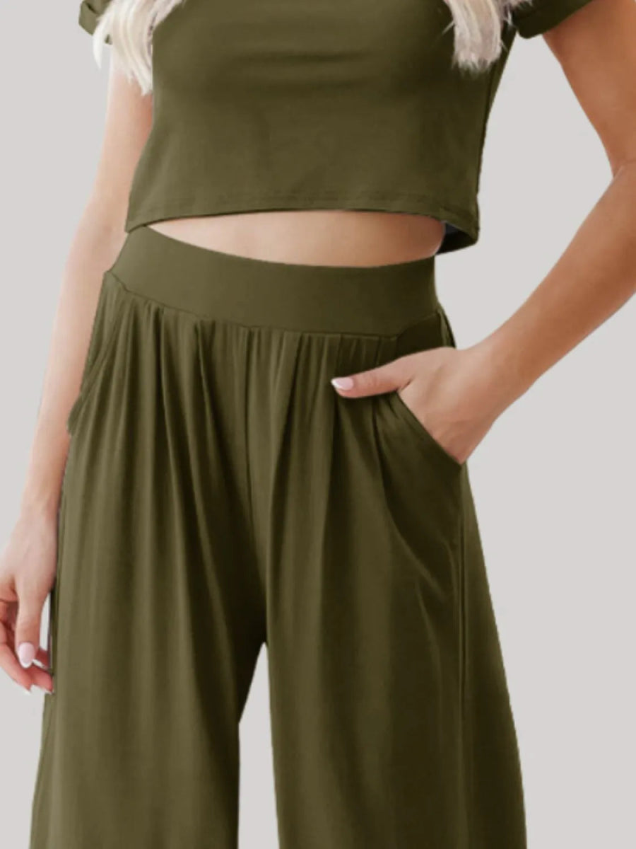 Round Neck Short Sleeve Top and Pants Set - Necessary Clothing