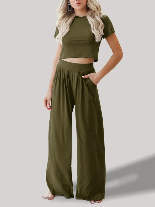 Round Neck Short Sleeve Top and Pants Set - Necessary Clothing