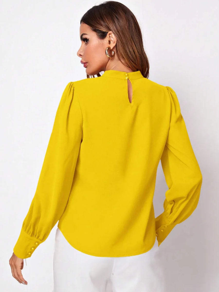 Ruched Mock Neck Long Sleeve Blouse - Necessary Clothing