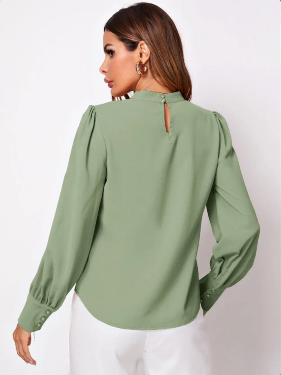 Ruched Mock Neck Long Sleeve Blouse - Necessary Clothing