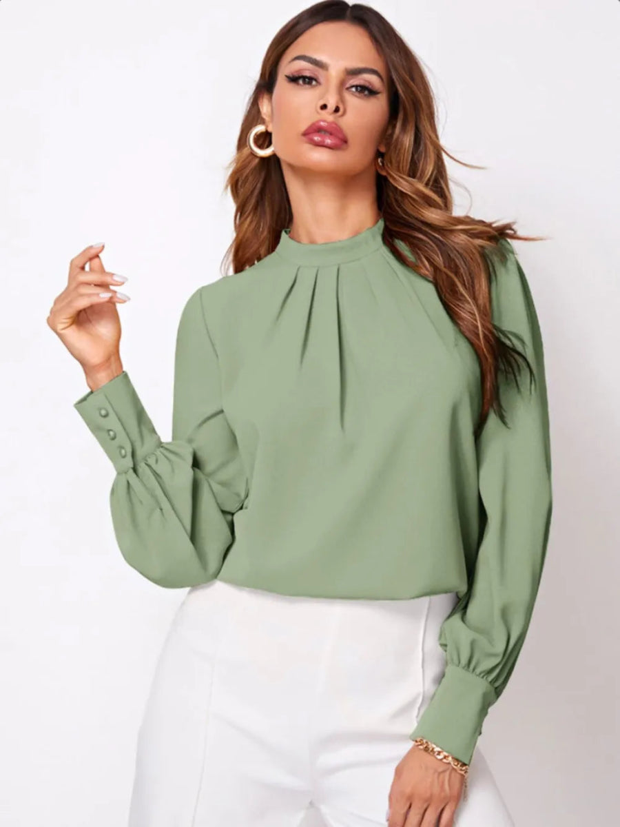 Ruched Mock Neck Long Sleeve Blouse - Necessary Clothing
