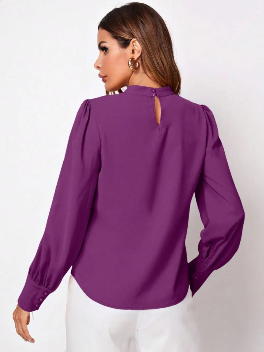 Ruched Mock Neck Long Sleeve Blouse - Necessary Clothing