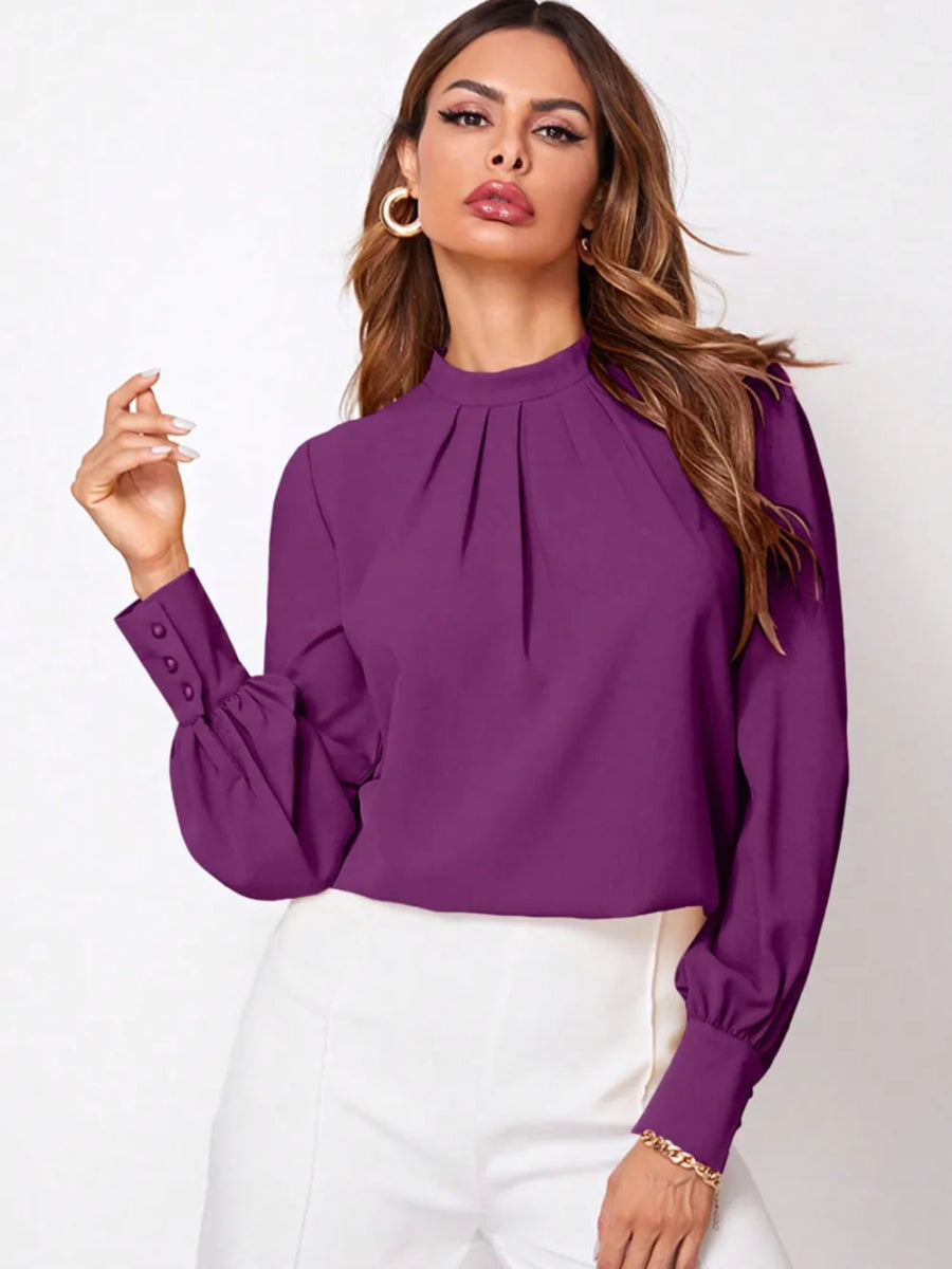 Ruched Mock Neck Long Sleeve Blouse - Necessary Clothing