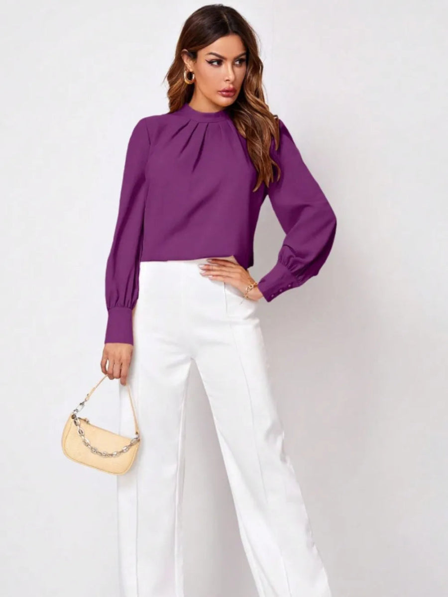 Ruched Mock Neck Long Sleeve Blouse - Necessary Clothing