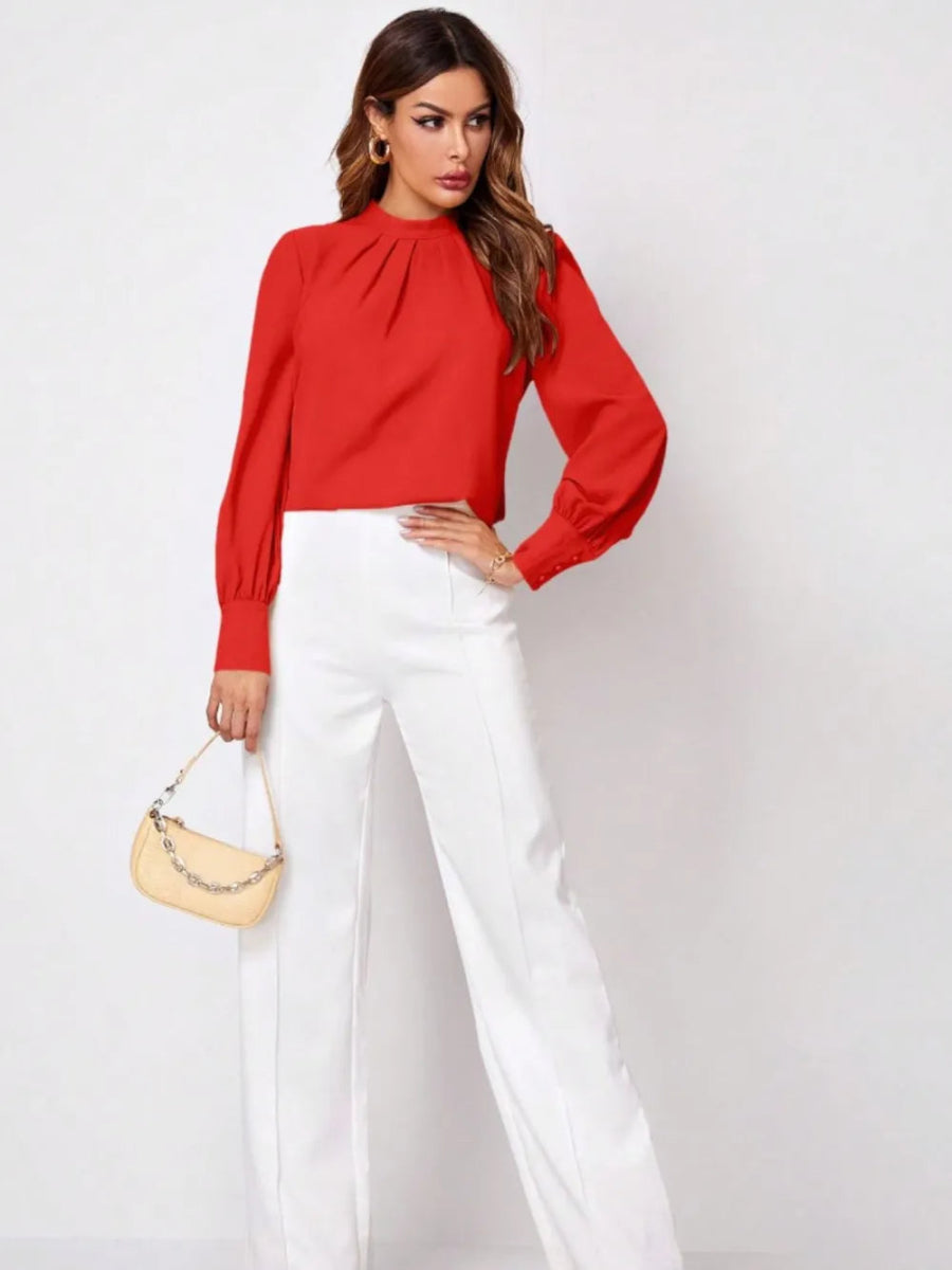 Ruched Mock Neck Long Sleeve Blouse - Necessary Clothing
