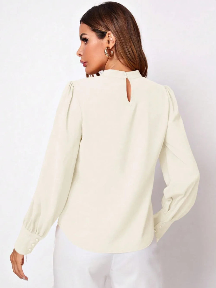 Ruched Mock Neck Long Sleeve Blouse - Necessary Clothing