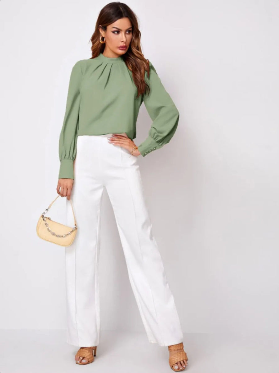 Ruched Mock Neck Long Sleeve Blouse - Necessary Clothing
