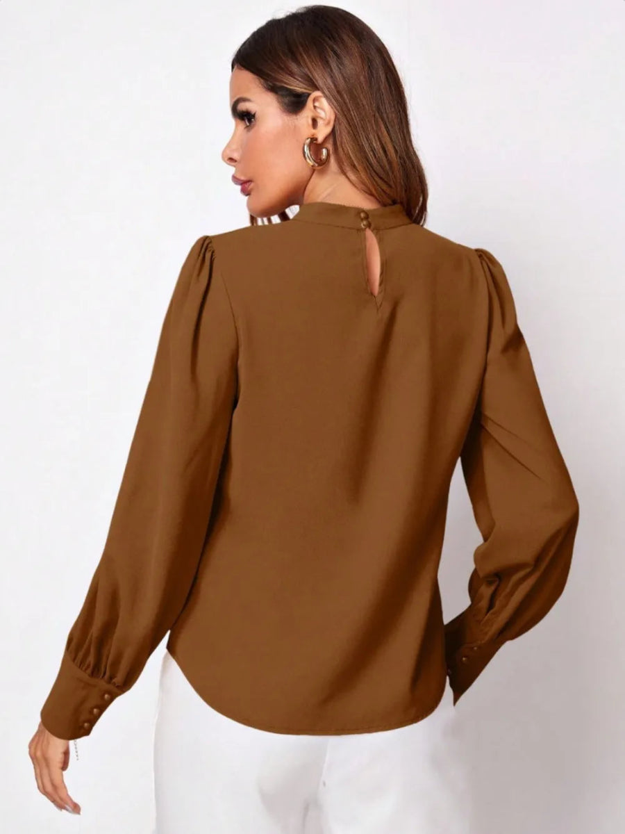 Ruched Mock Neck Long Sleeve Blouse - Necessary Clothing