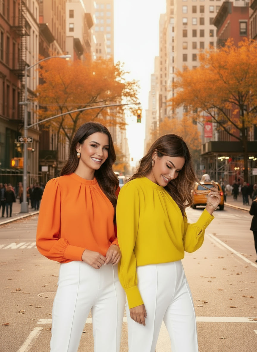 Ruched Mock Neck Long Sleeve Blouse - Necessary Clothing