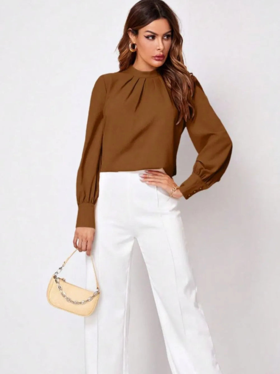 Ruched Mock Neck Long Sleeve Blouse - Necessary Clothing