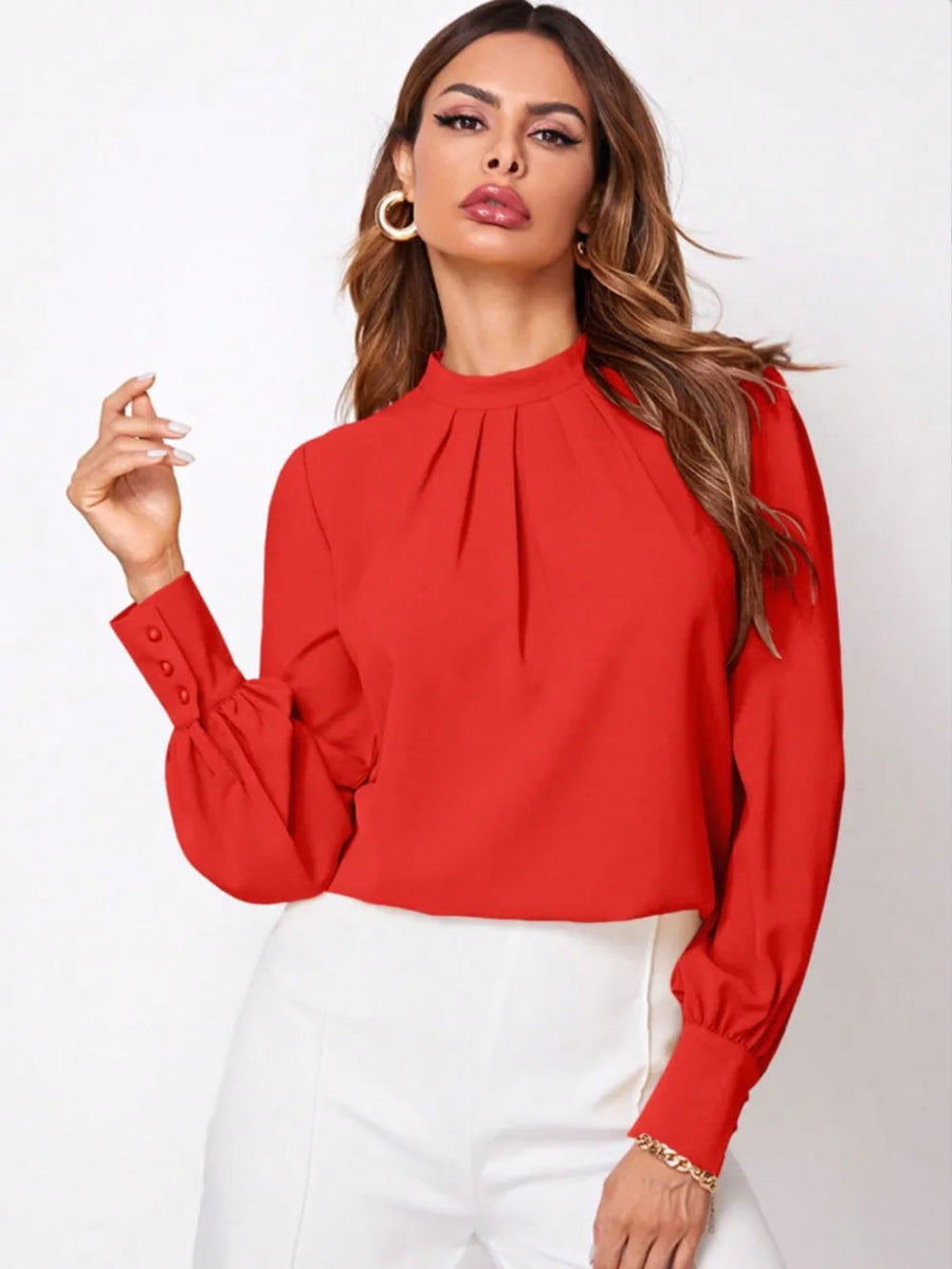 Ruched Mock Neck Long Sleeve Blouse - Necessary Clothing