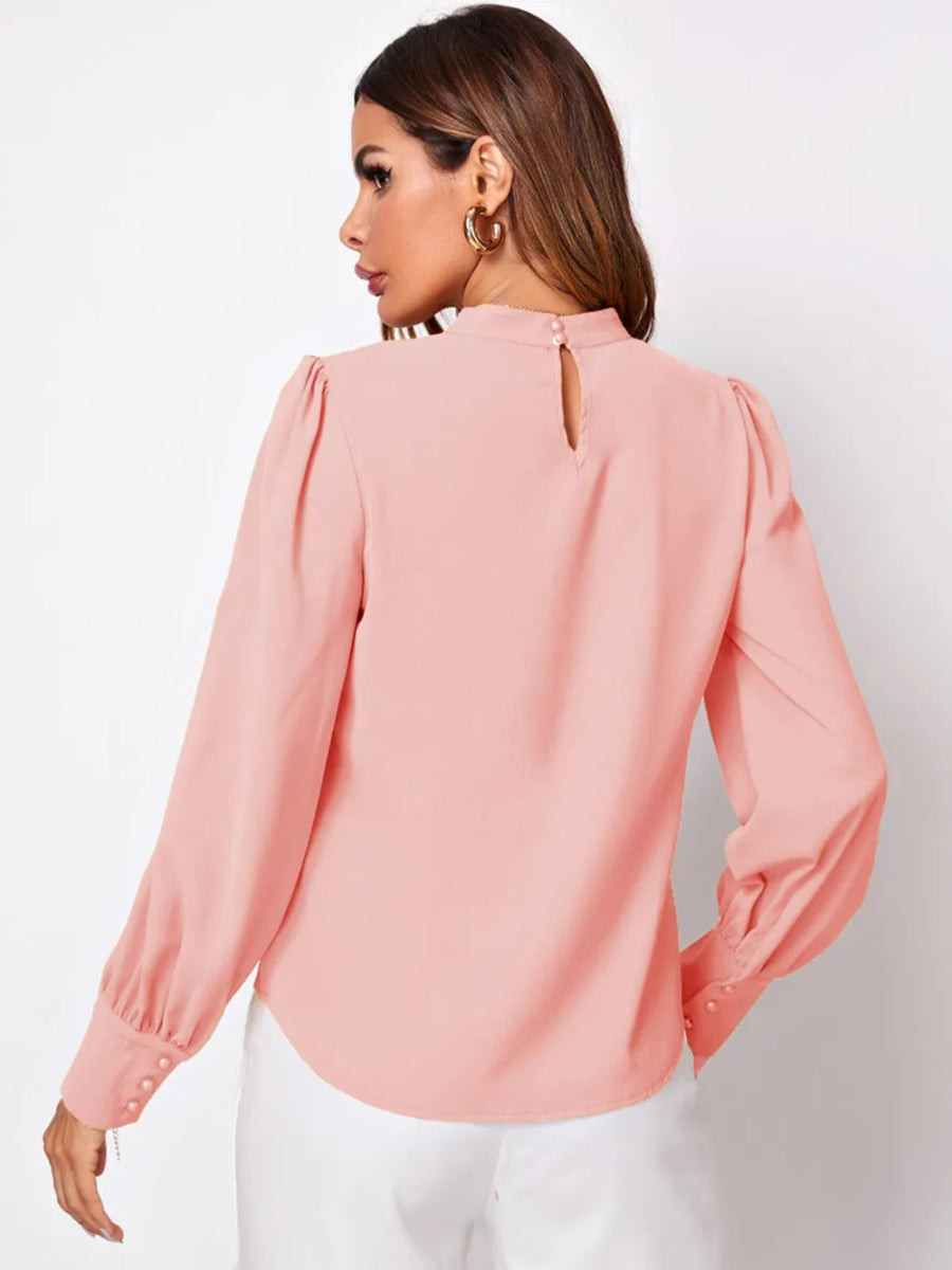 Ruched Mock Neck Long Sleeve Blouse - Necessary Clothing