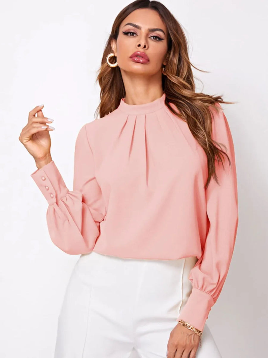 Ruched Mock Neck Long Sleeve Blouse - Necessary Clothing