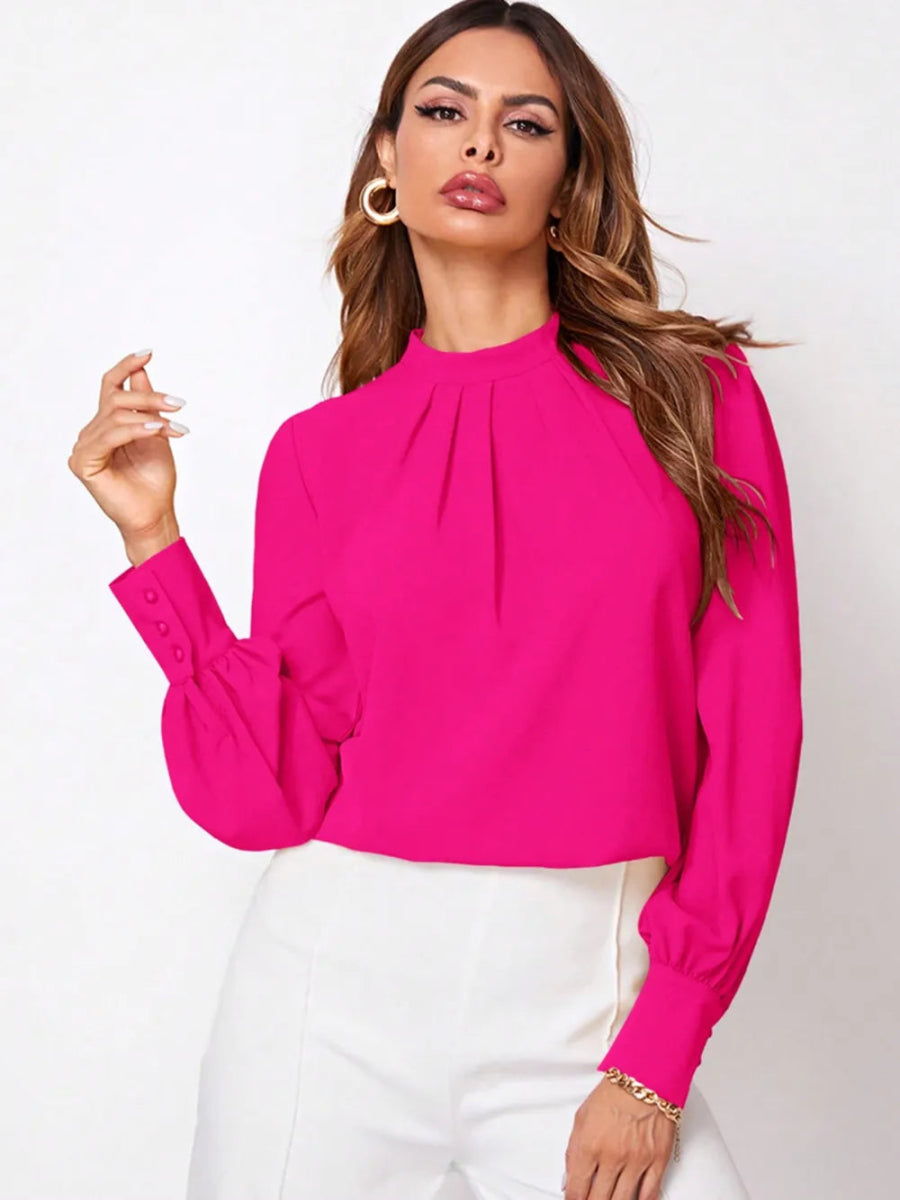 Ruched Mock Neck Long Sleeve Blouse - Necessary Clothing