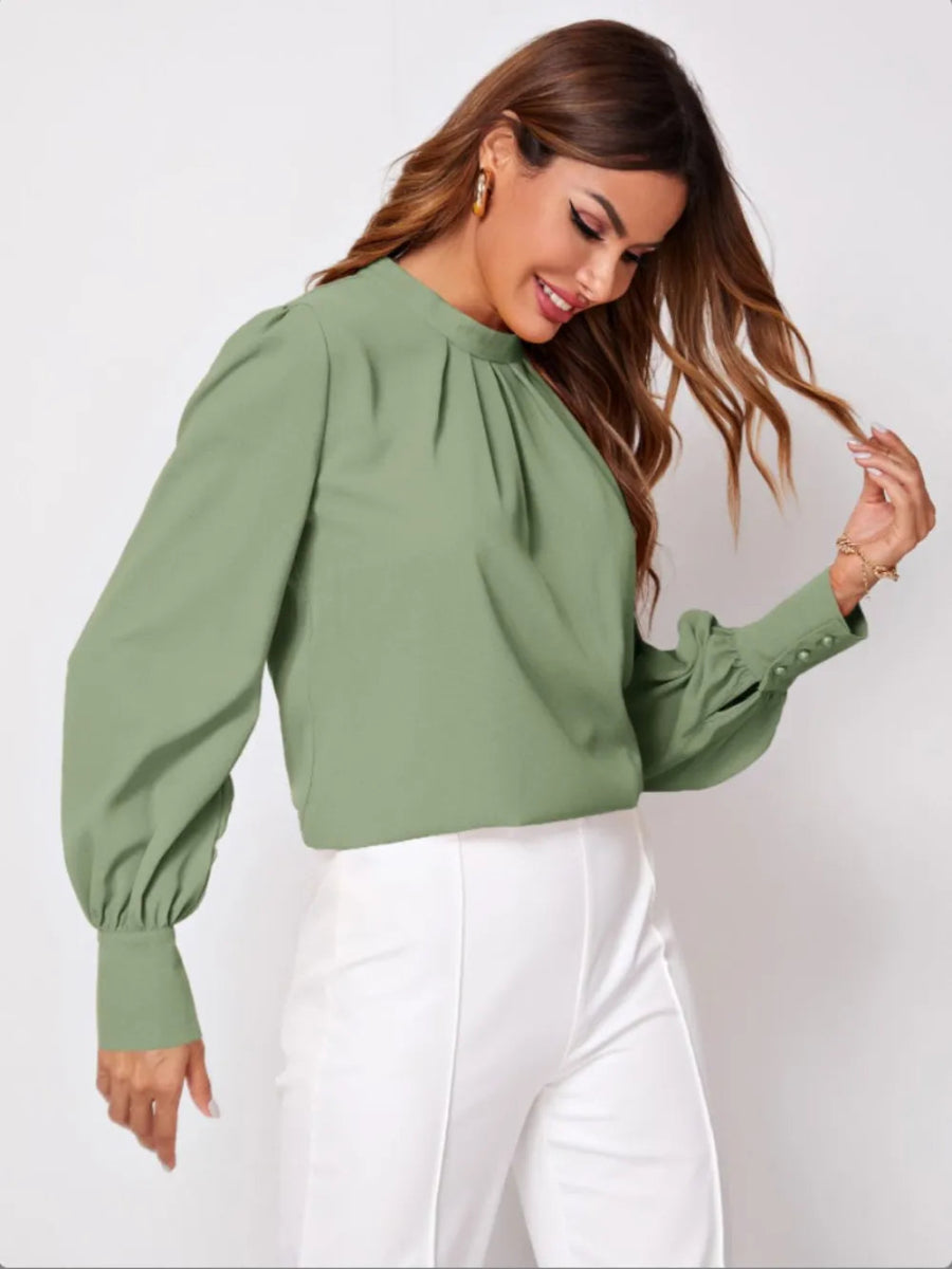 Ruched Mock Neck Long Sleeve Blouse - Necessary Clothing