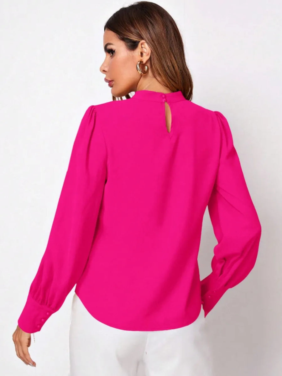 Ruched Mock Neck Long Sleeve Blouse - Necessary Clothing