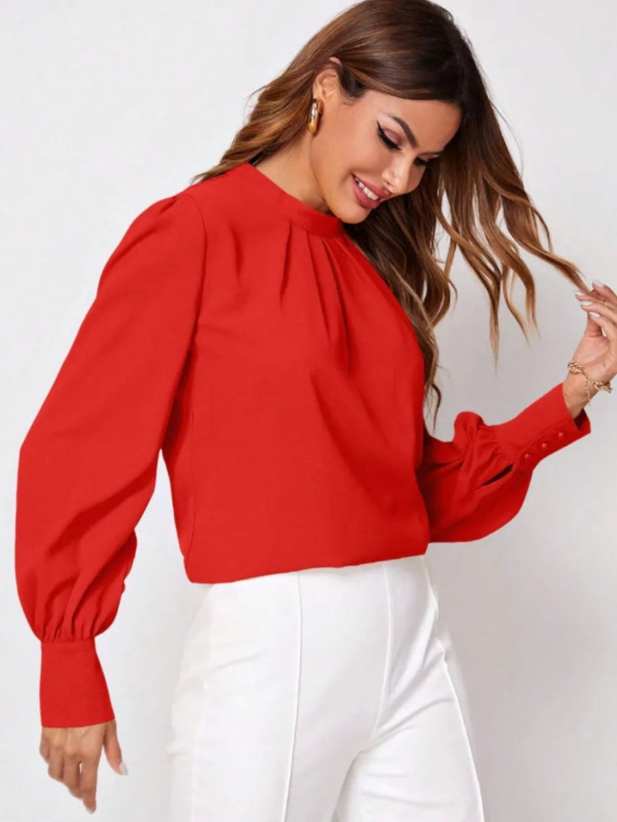 Ruched Mock Neck Long Sleeve Blouse - Necessary Clothing