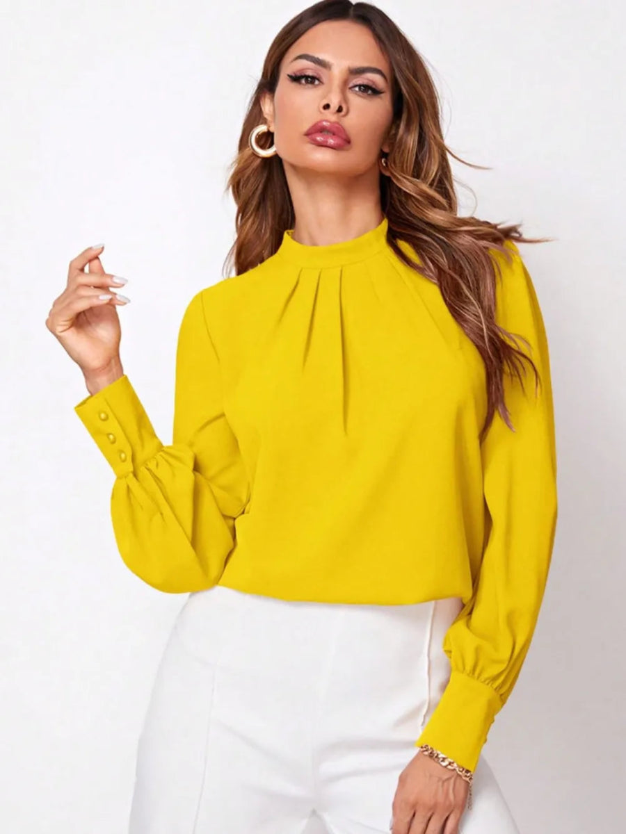 Ruched Mock Neck Long Sleeve Blouse - Necessary Clothing