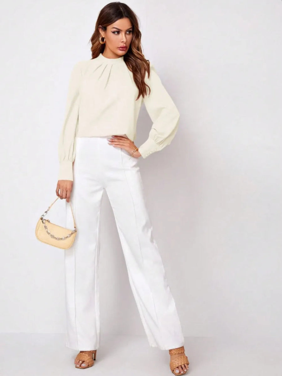 Ruched Mock Neck Long Sleeve Blouse - Necessary Clothing