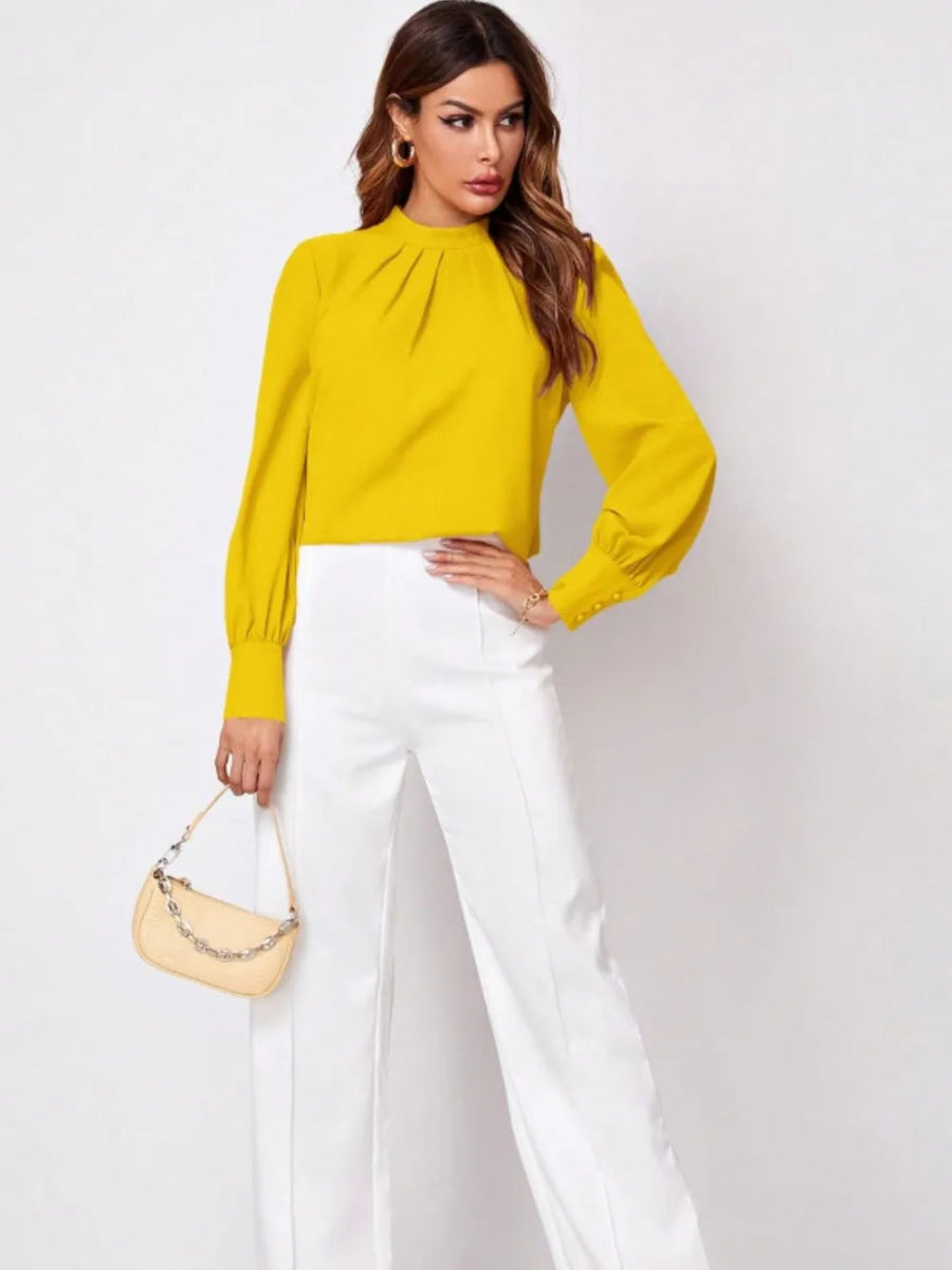 Ruched Mock Neck Long Sleeve Blouse - Necessary Clothing