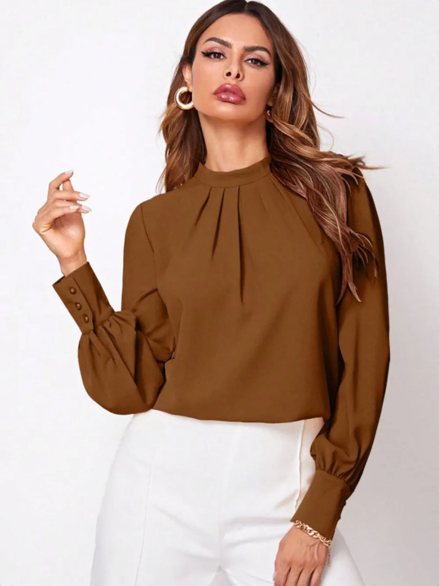 Ruched Mock Neck Long Sleeve Blouse - Necessary Clothing
