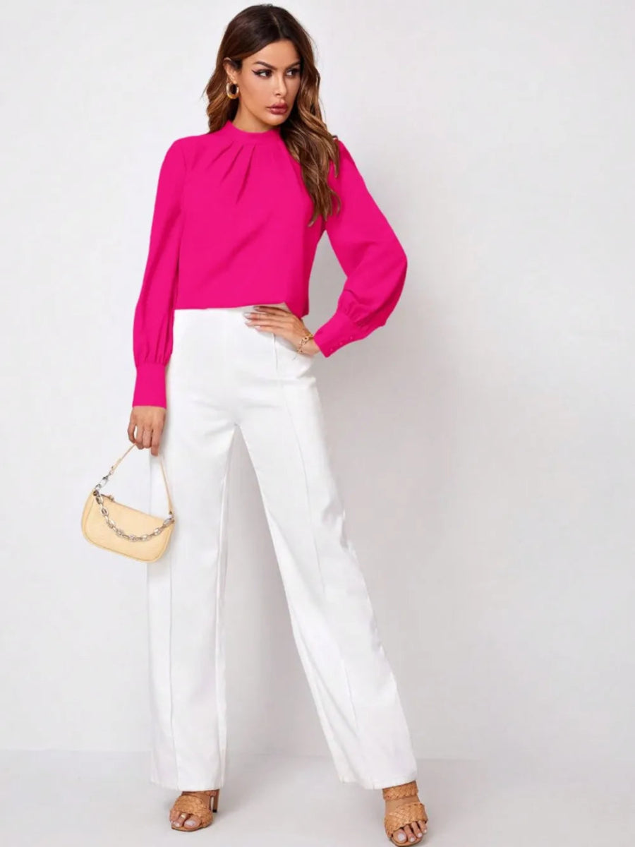 Ruched Mock Neck Long Sleeve Blouse - Necessary Clothing